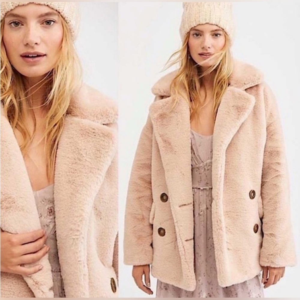 Free People Kate Faux Fur Double-Breasted Teddy Coat – Blush Nude – Size XS